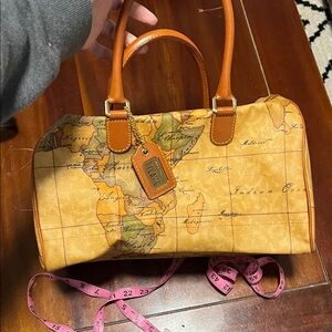 Alviero Martini Tan and Brown Map Print Bag